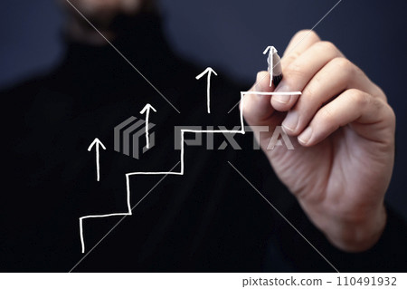 Business growth sale concept. Hand draws a graph of economic profit growth and development Business growth sale concept. Hand draws a graph of economic profit growth and development 110491932