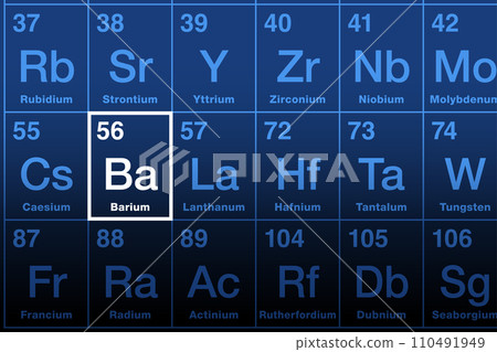 Barium element on the periodic table. Alkaline earth metal with element symbol Ba, from Greek baryta, meaning heavy. Atomic number 56. The compound barium sulfate is used as X-ray radiocontrast agent. 110491949