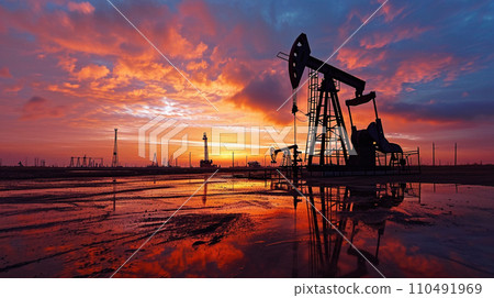 AI-generated content. Oil production at sunset 110491969