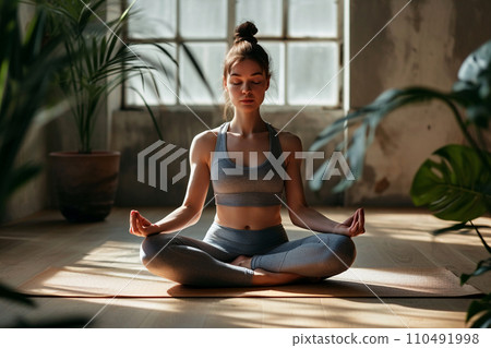 AI-generated content. A girl does yoga in a bright room AI-generated content. A girl does yoga in a bright room 110491998