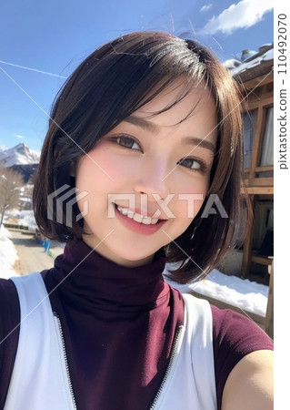 A young woman smiling in an old folk house in winter (AI generated image) 110492070