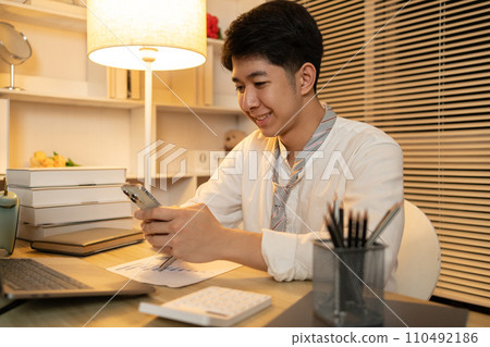 Man typing chat or message on mobile phone, Typing Chat Message on Smartphone, Digital Communication, Conversation via smartphone of internet network. 110492186