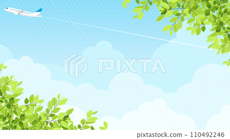 飛機在新綠和藍天中飛行背景素材（風景16:9） 110492246