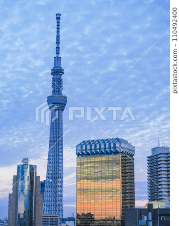 (Tokyo) Tokyo Sky Tree, Sumida Ward Office, Asahi Beer Building evening view 110492400