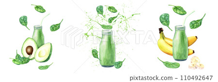 A set of compositions of green smoothie with spinach, avocado and banana. Hand drawn watercolor illustration isolated on white background. For clip art cards menu label package 110492647