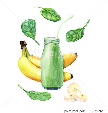 Green smoothie with spinach and banana fruit in glass jar with straw composition. Hand drawn watercolor illustration isolated on white background. For clip art cards menu label package Green smoothie with spinach and banana fruit in glass jar with straw composition. Hand drawn watercolor illustration isolated on white background. For clip art cards menu label package 110492649