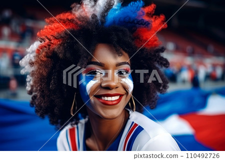 AI-generated content. French Supporter with Flag Face Paint . France 2024 Olympic concept .Generative AI 110492726