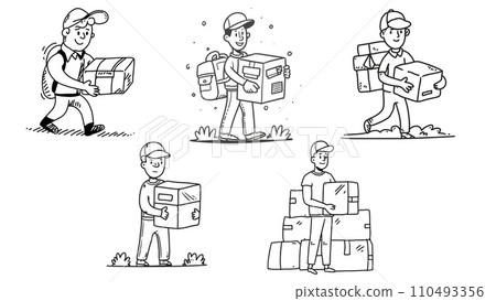 set of doodle style delivery man icon and vector set of doodle style delivery man icon and vector 110493356