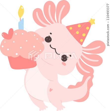 Cute Axolotl birthday flat design cartoon hand drawing 110493377
