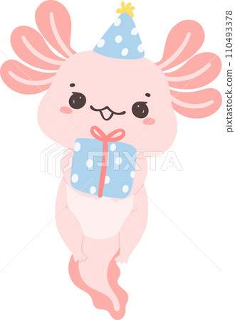 Cute Axolotl birthday flat design cartoon hand drawing 110493378