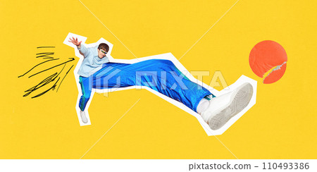 Contemporary art collage. Young man in retro clothes, stylish sunglasses kicking ball with his huge long leg in motion. Trendy magazine style. 110493386