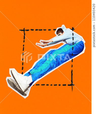 Contemporary art collage. Go beyond. Young man with long legs jumping in motion against vivid orange background. Trendy magazine style. Contemporary art collage. Go beyond. Young man with long legs jumping in motion against vivid orange background. Trendy magazine style. 110493420