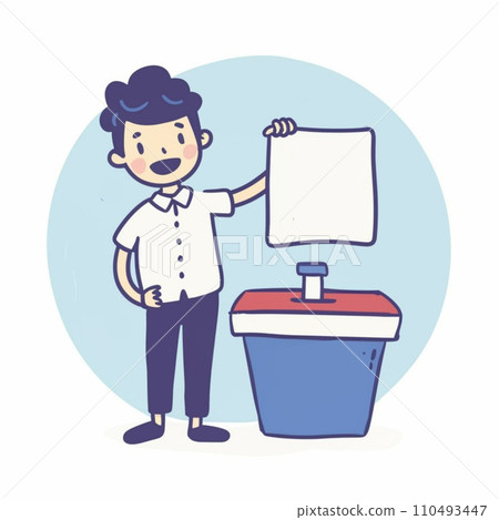 Boy hold paper above box 110493447