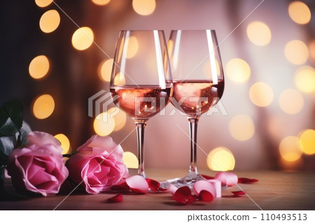 Valentine's day celebration with two glasses of wine and romantic red rose petals. Generative AI 110493513