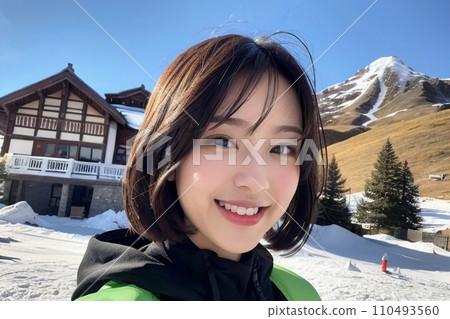 Snowy mountains and young woman (AI generated image) Snowy mountains and young woman (AI generated image) 110493560