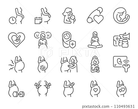 Pregnancy icon set. It included pregnant, mom, mother, Prenatal Care, and more icons. Editable Vector Stroke. 110493631