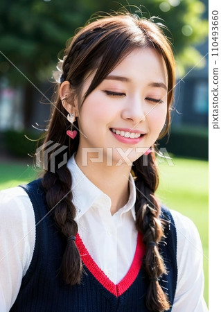 閉著眼睛微笑的女學生（AI 生成圖像） 110493660