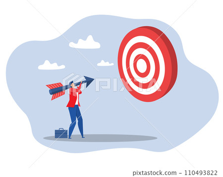 Business man worker holding an arrow precisely aiming at target bullseye achievement for win business strategy or setting goal and target concept 110493822