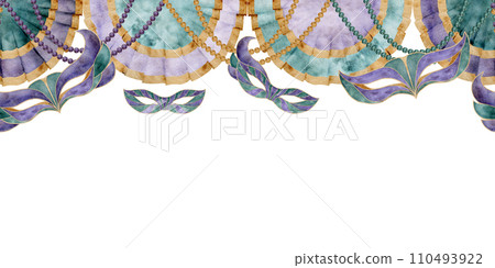 Hand drawn watercolor Mardi Gras carnival symbols. Garland cloth festoon glass bead jewel pearl strings, domino masks. Seamless banner isolated on white background. Design party invitation, print shop 110493922