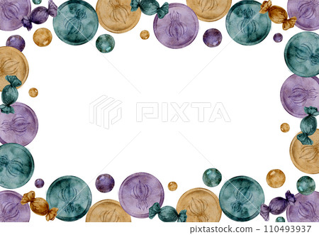 Hand drawn watercolor Mardi Gras carnival symbols. Rex coin doubloon throw, fleur de lis, glass beads bonbons. Horizontal frame isolated on white background. Design for party invitation, print, shop Hand drawn watercolor Mardi Gras carnival symbols. Rex coin doubloon throw, fleur de lis, glass beads bonbons. Horizontal frame isolated on white background. Design for party invitation, print, shop 110493937