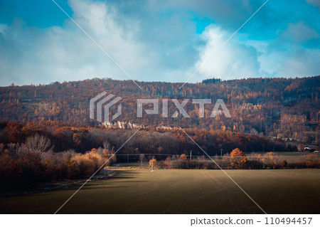 Autumn view of the Pyrenean mountains in Poland concept photo. Beautiful views in Polish countryside. 110494457