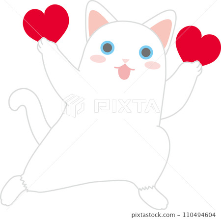 Dancing cat_Valentine_White cat dancing with a heart in both hands 110494604
