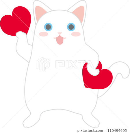 Dancing cat_Valentine_White cat holding a heart in its right hand and holding a heart in its left hand 110494605