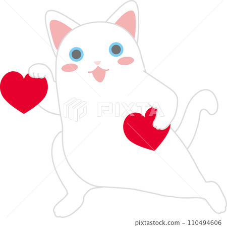 Dancing Cat_Valentine_White cat with a hanging heart in its right hand and holding a heart in its left hand 110494606