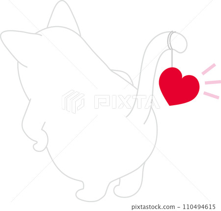 Dancing cat_Valentine_White cat from behind with a heart hanging on its tail 110494615