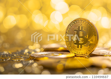 AI-generated content. Crypto currency concept - bitcoin close up shot with bokeh background 110494687