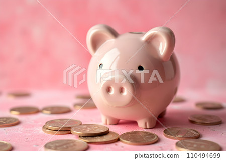 AI-generated content. Investment, crypto currency concept - white pig shaped moneybox with stacks of bitcoins, solid color background 110494699