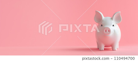 AI-generated content. Investment concept - whitet pig shaped moneybox, pink solid color background 110494700