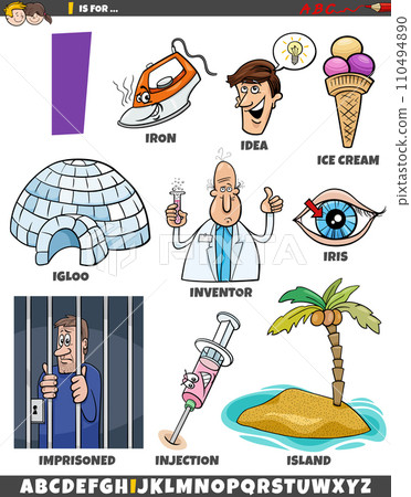 Letter I set with cartoon objects and characters Letter I set with cartoon objects and characters 110494890