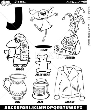 Letter J set with cartoon objects and characters coloring page Letter J set with cartoon objects and characters coloring page 110494900