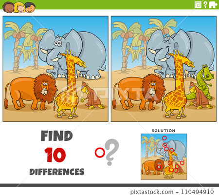 differences game with cartoon Safari animal characters 110494910