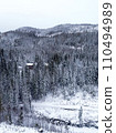 View of the winter mountain with snowy forest. Foggy grey cloudy weather without sun. Snowy road. 110494989