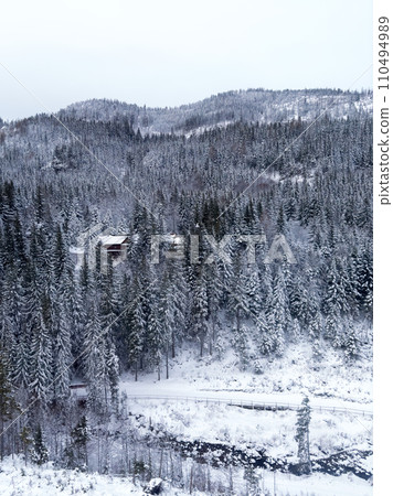 View of the winter mountain with snowy forest. Foggy grey cloudy weather without sun. Snowy road. 110494989