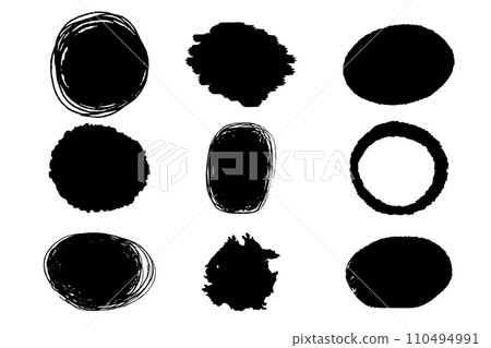 Set circle grunge jagged frames border doodle cartoon abstract scribble shapes isolated on white background. Circular paint sphere stroke. Set circle grunge jagged frames border doodle cartoon abstract scribble shapes isolated on white background. Circular paint sphere stroke. 110494991