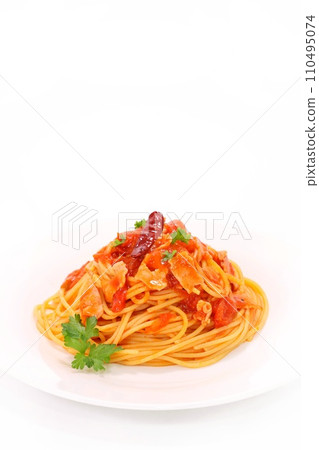 Arrabbiata, pasta with tomato sauce, spicy chili pepper, bright background 110495074