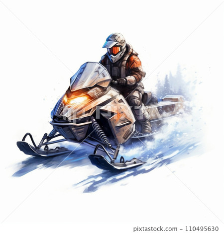 Illustration of a snowmobile sliding on a snowy landscape AI image 110495630