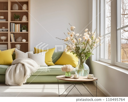 AI-generated content. Springtime home decor in white color, spring interior decorations with early flowers, cozy sofa and big windows. Decorated room in bright morning sunlight 110495764