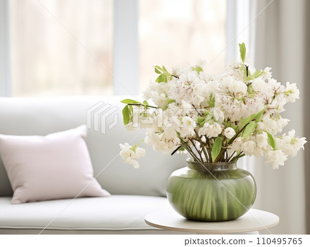 AI-generated content. Springtime home decor in white color, spring interior decorations with early flowers, cozy sofa and big windows. Decorated room in bright morning sunlight 110495765