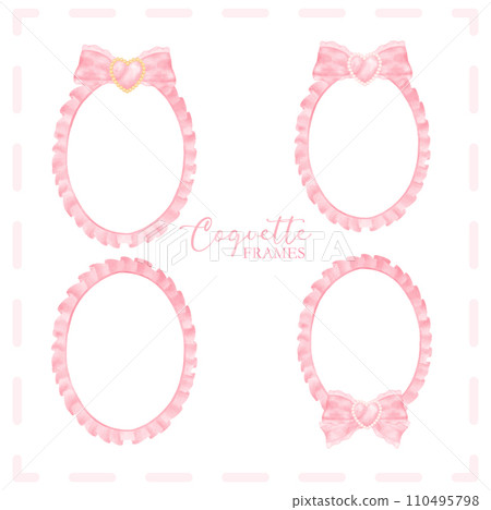 Cute coquette aesthetic pink frame oval shape with ribbon bow in vintage style watercolor collection. 110495798