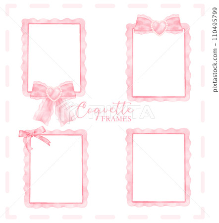 Cute coquette aesthetic pink frame rectangle shape with ribbon bow in vintage style watercolor collection. 110495799