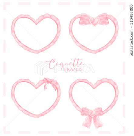 Cute coquette aesthetic pink frame heart shape with ribbon bow in vintage style watercolor collection. 110495800