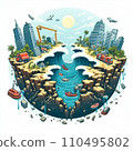 Illustration of earthquake disaster, disaster, tsunami, crack in the ground 110495802