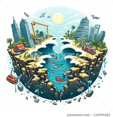 Illustration of earthquake disaster, disaster, tsunami, crack in the ground Illustration of earthquake disaster, disaster, tsunami, crack in the ground 110495802