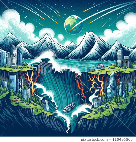 Illustration of earthquake disaster, disaster, tsunami, crack in the ground Illustration of earthquake disaster, disaster, tsunami, crack in the ground 110495803