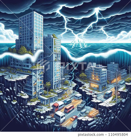 Illustration of earthquake disaster, disaster, tsunami, crack in the ground Illustration of earthquake disaster, disaster, tsunami, crack in the ground 110495804