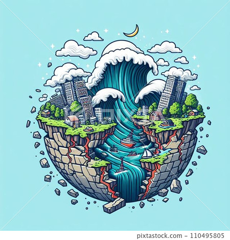 Illustration of earthquake disaster, disaster, tsunami, crack in the ground Illustration of earthquake disaster, disaster, tsunami, crack in the ground 110495805